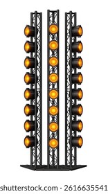 Triple Vertical Truss Lighting Structure with Amber Spotlights in 3D Render isolated white background. 3d illustration