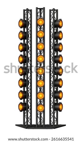 Triple Vertical Truss Lighting Structure with Amber Spotlights in 3D Render isolated white background. 3d illustration
