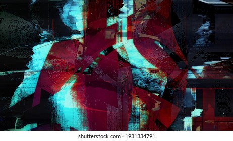 Trippy grunge cyberpunk anime manga HUD Glitch Background. 3D illustrated computer screen system failure, chaos, cybercrime, or matrix gaming style. Interference noise motion abstract digital hologram