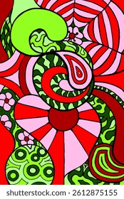 a trippy pattern inspired by the 1960's. using complimentary colours of red and green