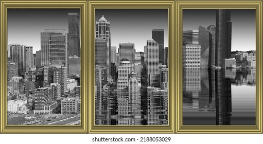 Triptych,  Dystopian Photography Of 3 Gold Frames With 3 Black And White Photos Of Seattle City Flooding Due To Rising Sea Levels Due To Climate Change