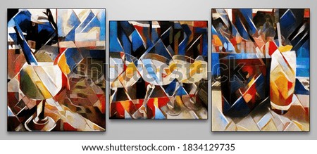 Triptych of modern painting. Alcohol and cocktails at the bar. The painting is made in oil on canvas in the style of abstraction.