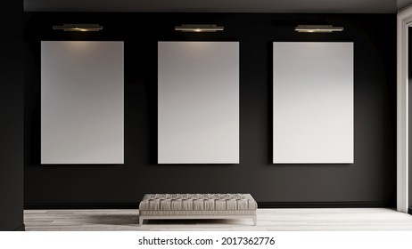 Triptych Of Paintings In Galleries Or Museums. Three Large Illuminated Picture Frames. Layout For Creativity - Black Wall. 3D Rendering