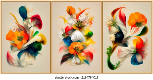 Triptych Wall Panel Of Bright Bouquets Of Flowers In Gold Frames. 3d Rendering