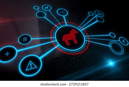 Trojan alert cyber attack and computer warning symbol digital concept. Network, cyber technology sign and computer background abstract icon 3d illustration.