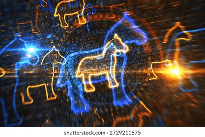 Trojan alert cyber attack and computer warning symbol digital concept. Network, cyber technology sign and computer background abstract icon 3d illustration.
