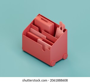 Trolley For Carrying Goods And Books.  Isometric Red Color Playground Object For Physical And Mental Development Of Children. Monochrome Single Color, 3d Rendering. No People.