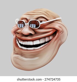 Trollface dark spectacled, in hat. 3d illustration isolated