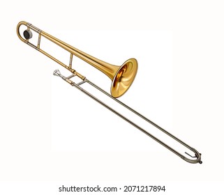 trombone, brass ear cushion musical instrument of symphony orchestra, realistic drawing, isolated image on white background