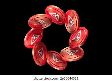 Tron Trx crypto floating 3D coins forming a circular orbit. Blockchain cryptocurrency and stock exchange illustrative concepts. High quality 3D rendering.