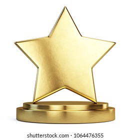 Trophy Award Concept - Golden Star On Golden Podium. 3d Rendering