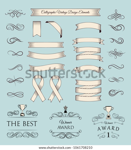 trophy and awards icons set. ribbons\
filigree divider swirls elements. \
illustration