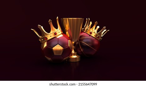 Trophy Banner Sports King Crown Ball Football Soccer Basketball Gold  3d Render 3d Rendering Illustration 
