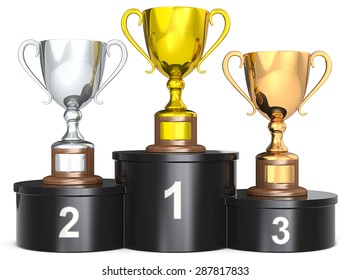 Trophy Cups. Black Podium With 3 Trophies. Dark Wood Base. Gold, Silver, Bronze.