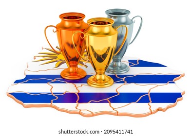 Trophy Cups on Uruguayan map. Sport Tournaments in Uruguay, concept. 3D rendering isolated on white background
