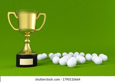 Trophy And Golf Ball On Green Ground, Big Tournament 2020 Background With Copy Space For Text Or Winner Score Board. Concept Image For Outdoor Sport, Competition Or Recreation, 3D Rendering.