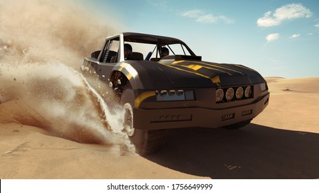 Trophy Truck In Desert. Render 3d. Illustration.