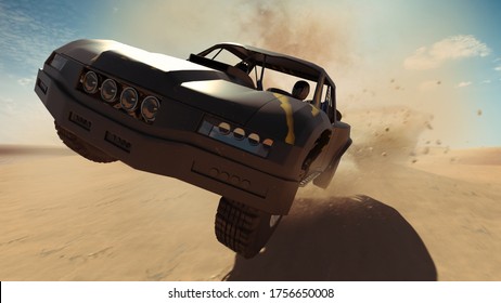 Trophy Truck In Desert. Render 3d. Illustration.