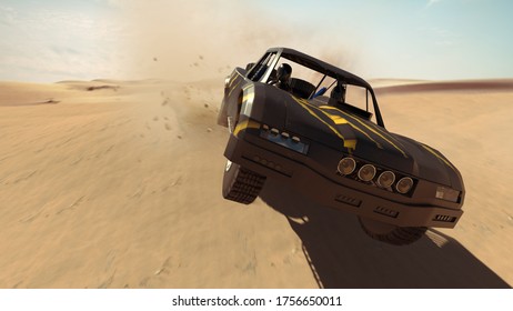 Trophy Truck In Desert. Render 3d. Illustration.