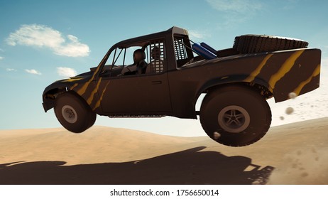 Trophy Truck In Desert. Render 3d. Illustration.