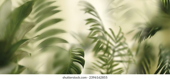 Tropic leaves under glass in the fog. Horizontal banner. Panoramic view for web - Powered by Shutterstock