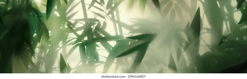 Tropic leaves under glass in the fog. Horizontal banner. Panoramic view for web. Skinali - Powered by Shutterstock