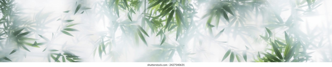 Tropic leaves under glass in the fog. Horizontal banner. Panoramic view for web. Skinali - Powered by Shutterstock