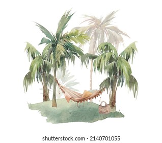 Tropic Vacation Illustration. Hammock And Palm Tree Scene Isolated On White Background. Rest Watercolor Artwork
