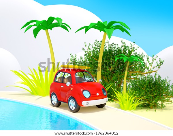 Tropical adventure surfboard car at the\
palm beach. 3d\
illustration.