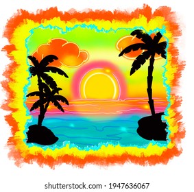 Tropical Airbrush Sunset Palm Trees Watercolor Background, Vacation