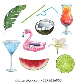 Tropical alcoholic cocktails with fruits, flamingos and plants. Watercolor illustration. Set from the BEACH BAR collection. For the design and design of the menu, recipes, restaurant, cafe, bar. - Powered by Shutterstock