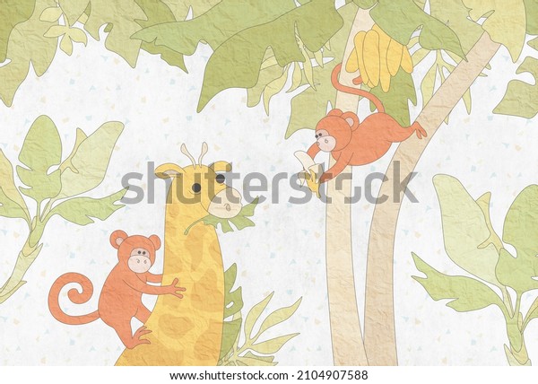 tropical animals. giraffe and monkeys with palms and banana trees. cartoon illustration for murals and wallpapers.