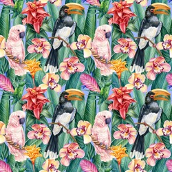 Tropical Background, Birds Toucan, Cockatoo And Flowers, Watercolor Illustration, Seamless Pattern, Digital Paper