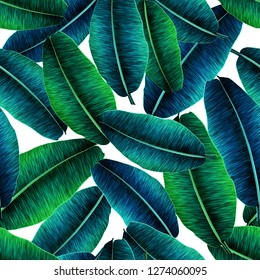 Tropical banana leaves, jungle leaf seamless floral pattern white background. Artistic palms pattern with seamless repeating design. Pattern for summer designs. 