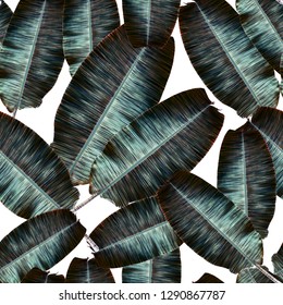 Tropical banana leaves, jungle leaf seamless floral pattern white background. Artistic palms pattern with seamless repeating design. Pattern for summer designs.
