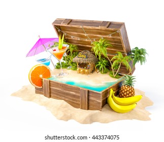 Tropical bar with cocktails and fresh fruits on the island inside opened wooden box on a pile of sand. Unusual party 3d illustration. Isolated on white