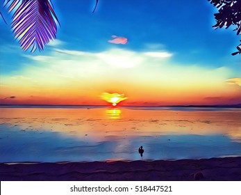 Tropical beach on sunset. Yellow sun going down in sea water. Beautiful evening on tropic island. Summer holiday banner. Palm tree leaf frame. Man silhouette in water. Seaside vivid blue illustration - Shutterstock ID 518447521