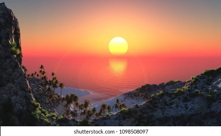 tropical beach with palm trees at sunset, bay at sunrise, lagoon at sunset,
3D rendering