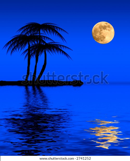 Tropical Beach Scene Full Moon Rising Stock Illustration 2741252