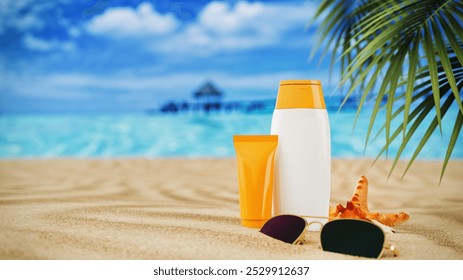 Tropical beach scene with sunscreen bottle, sunglasses and starfish on the sand. With the sea and palm trees in the background. 3d, rendering, illustration, - Powered by Shutterstock