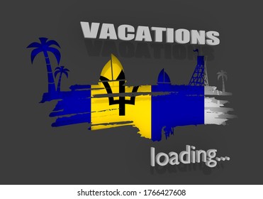 Tropical Beach. Silhouettes Of The Palm, Boat And Lifeguard Tower. 3D Rendering. Flag Of The Barbados. Progress Or Loading Bar.