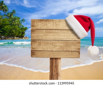 Tropical Beach Wooden Signboard With Christmas Hat