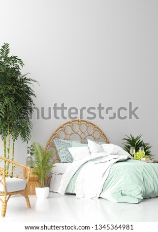 Tropical bedroom interior, 3d render