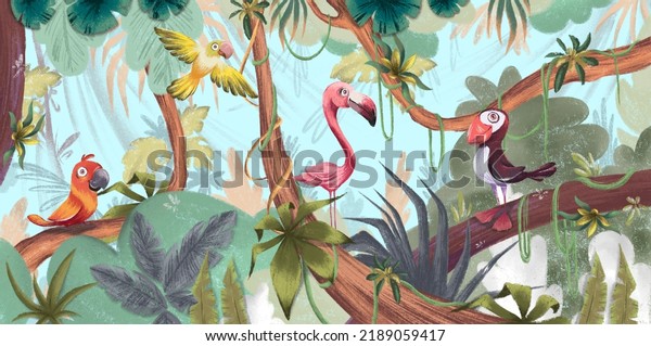 tropical birds in leaves and lianas art drawing in pastel style photo wallpaper for kids
