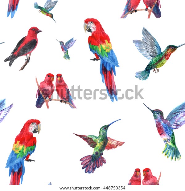 熱帯鳥のシームレスな模様 天国の飛ぶ鳥の水の色のスプラッシュ背景 リアルな美しいイラスト のイラスト素材