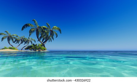 Tropical Blue Sea Palms And Clear Sky3D Rendering
