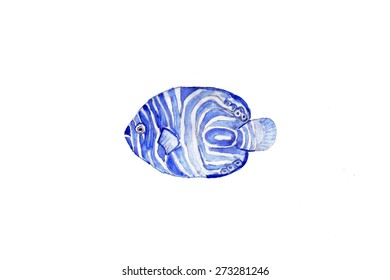 Tropical Blue Semicircle  Angel Fish Watercolor Painting On White Background