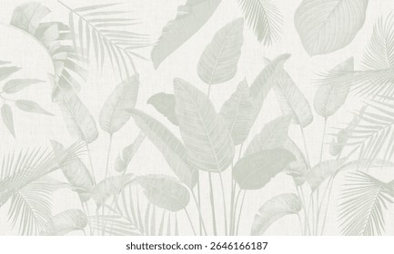Tropical Botanical Pattern in Neutral Tones - Monochrome Banana Leaves and Palms Background for Wall Art or Fabric Design
