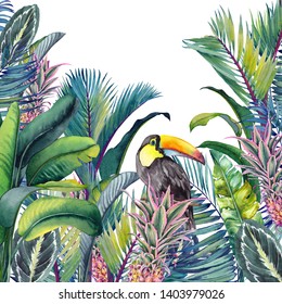 Tropical card with Toucan, palm trees, pineapples, banana and calathea leaves. Watercolor illustration on white background. - Powered by Shutterstock