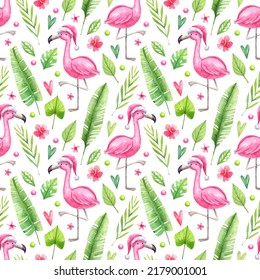 Tropical Christmas, New Year Watercolor, Seamless Pattern. Background With Pink Flamingo In Santa Claus Hat, Monstera And Palm Leaves, Flowers.